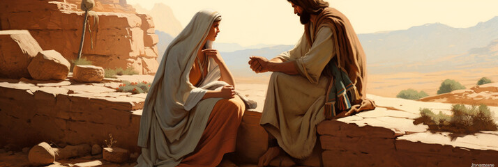 jesus' conversation with the samaritan woman at the well. AI generativ.