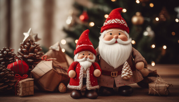 santa claus figurines in front of a christmas tree with small hats