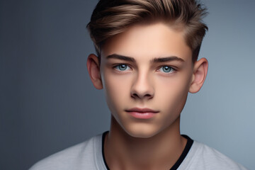 Fototapeta premium A teen's charming face captured on a grey background expresses the concept of adolescent skin care, fashion, health, and advertisement.