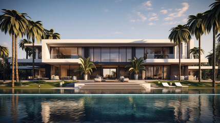 Exterior of modern villa with pool and palm trees - obrazy, fototapety, plakaty
