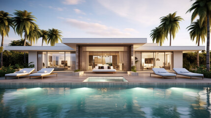 Exterior of modern villa with pool and palm trees - Powered by Adobe