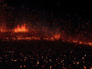 Fototapeta na wymiar Fire embers particles over black background. Fire sparks background. Abstract dark glitter fire particles lights. bonfire in motion blur.