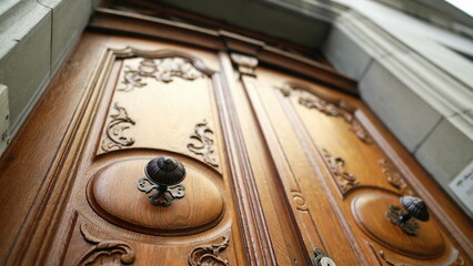 Antique Doorway Artistry - Ornament Detail on Aged Wooden Door. Intricate Beauty, Close-Up of...