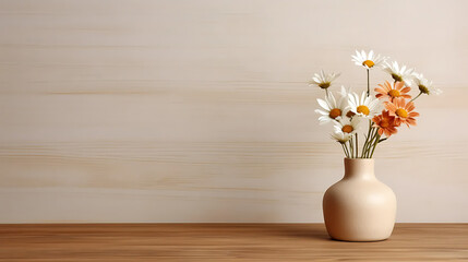 Wooden table with beige clay vase with bouquet of chamomile flowers near empty, blank white wall. Home interior background with copy space