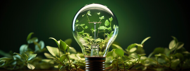 light bulb with leaves on green background. Sustainable, environmental lifestyle, renewable source, idea concept. copy space. banner - obrazy, fototapety, plakaty