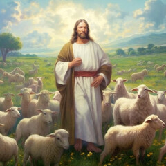 Jesus Christ as the good shepherd. Ai generativ.