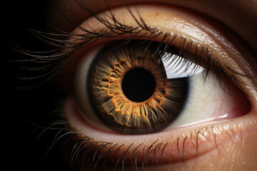 A macro photo of an eyelid's iris on a dark backdrop.