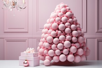 pink christmas tree made of balls with gifts in the interior. atmosphere of magic concept. Seasonal holidays, greeting card. Christmas and happy New Year.