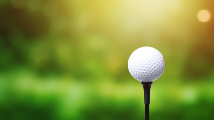 A golf ball sits on a tee in focus, with a blurry verdant bokeh in the backdrop.