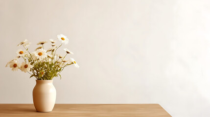 Fototapeta na wymiar Wooden table with beige clay vase with bouquet of chamomile flowers near empty, blank white wall. Home interior background with copy space