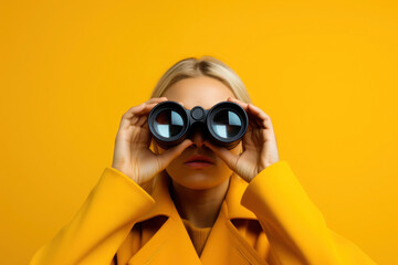 Woman looking through binoculars on yellow background. - obrazy, fototapety, plakaty