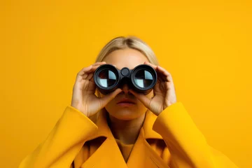 Foto op Plexiglas Woman looking through binoculars on yellow background. © Lazy_Bear