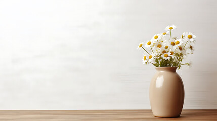 Wooden table with beige clay vase with bouquet of chamomile flowers near empty, blank white wall. Home interior background with copy space