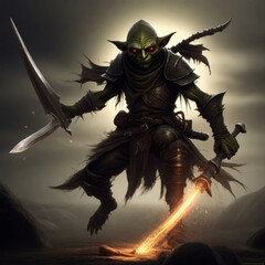 Assassin warrior goblin or orc with sword. Generative AI	