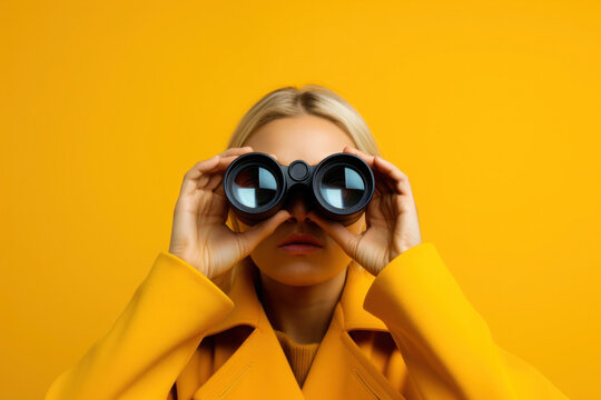 Woman looking through binoculars on yellow background.