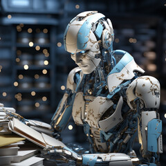 Fototapeta premium AI generated images,robots sitting at desk in the office and working with computers, robot is looking at camera: artificial intelligence and robotization effects on employment