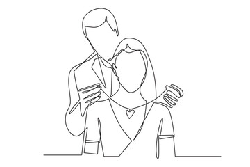 man gives gift to woman .man wears jewelry necklace around woman's neck.continuous line vector