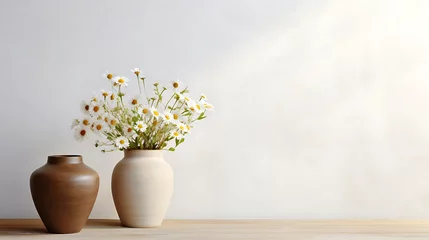 Draagtas Wooden table with beige clay vase with bouquet of chamomile flowers near empty, blank white wall. Home interior background with copy space © Alin