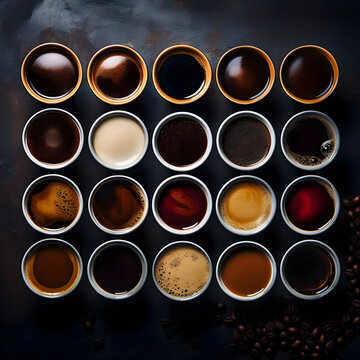 Group of coffee cup on black background. Coffee cup on old kitchen table. Aerial view of various coffee cup on black background.