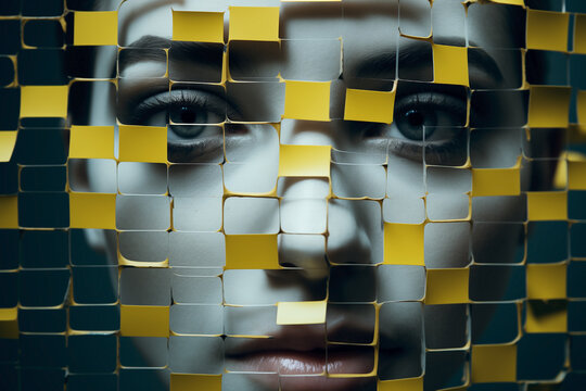Abstract woman's face portrait: identity fragments exploring self-image and self-esteem. Hidden girl with a sad and melancholic expression with a perception of distortion of reality with yellow grid.