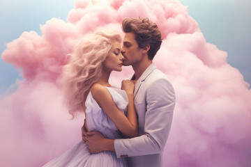 Couple hugging on a pink background.Pink clouds in background.Pastel colors.Minimal concept.