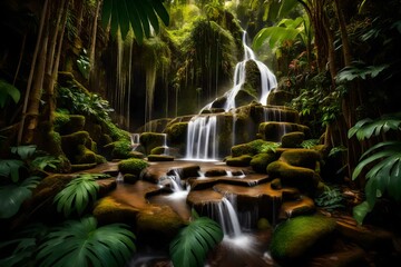 A cascading waterfall surrounded by lush, tropical vegetation
