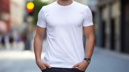 White T-Shirt Mockup, white gildan 64000, man wearing white t-shirt on street in daylight, T-Shirt Mockup Template adult for design print, Male guy wearing casual t-shirt mockup placement
