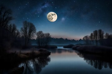 The waning moon hanging low in the night sky, its diminishing light creating a subtle yet captivating scene on the surface of a calm river.