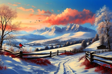 Ai Generated, winter landscape with fence, snow covered hills, bird bullfinch.