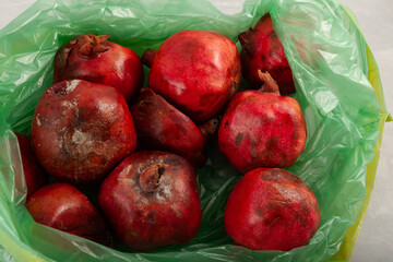 Rotten spoiled pomegranate fruits in green plastic bag, close-up. Ugly moldy fruits. Improper food...
