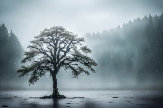 A solitary tree standing tall in the rain, surrounded by a mist of droplets in the air.