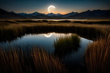 A crescent moon reflected in a winding river, framed by the silhouettes of tall grass and distant hills.