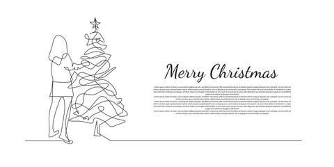 merry christmas background.white background with line art object of woman putting up christmas tree baubles.