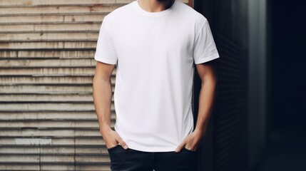 White T-Shirt Mockup, white gildan 64000, man wearing white t-shirt on street in daylight, T-Shirt Mockup Template adult for design print, Male guy wearing casual t-shirt mockup placement - obrazy, fototapety, plakaty