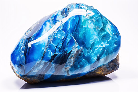 A turquoise gemstone, with its natural hues, presented against a plain white backdrop, is a semiprecious mineral typical of petrology.