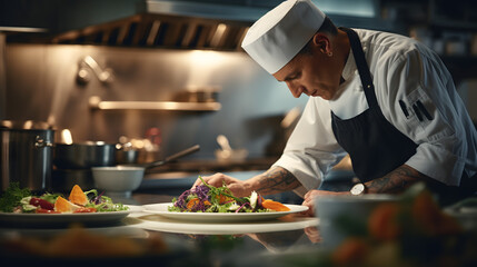creative chef is decorating a dish, while cooking in a restaurant preparing a fine dinner.