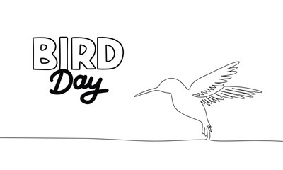Bird day card inscription with line art hummingbird. Handwriting Bird day with one line continuous bird banner. Hand drawn vector art.