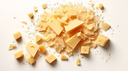Isolated chunks of parmesan cheese with crumbs viewed from the top on a white background.