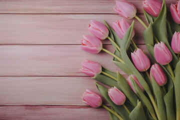A bunch of delicate pink tulips lying diagonally across a pink wooden background, offering a sense of spring and freshness