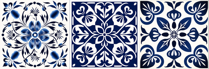 Beautifully intricate Baroque-inspired ceramic tile design with blue and white porcelain flower damask pattern and central framing element.