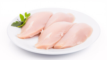 Serving of raw poultry steaks in plate, isolated on white.