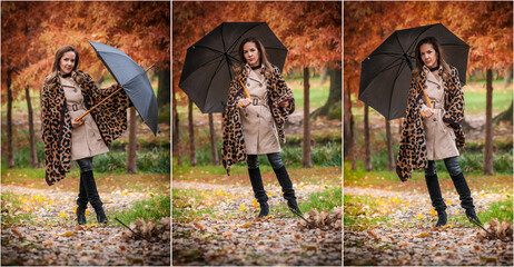 young girl in coat in forest. Fashion woman in coat in park. Slim young fashion model wearing white coat outdoor. Beautiful woman in leopard coat with umbrella in the autumn park