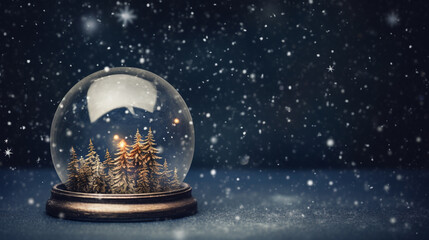 Whimsical Christmas Holidays Snow Globe with Evergreen Trees and Snowfall on Moody Blue Background with Twinkle Lights Background Effect - Xmas Decor Theme with Copy Space