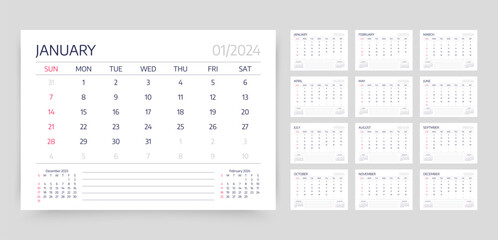 Calendar for 2024 year. Monthly calender organizer. Planner template. Week starts Sunday. Desk schedule grid with 12 month. Corporate yearly diary layout. Vector illustration. Horizontal simple agenda