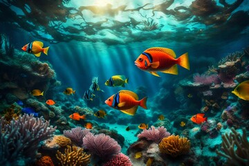 Naklejka na ściany i meble A surreal underwater scene with vibrant coral reefs and exotic fish