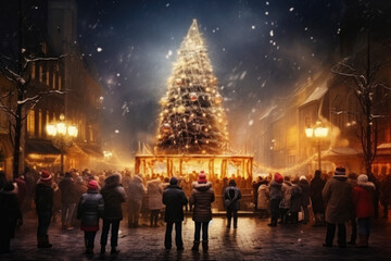 People enjoy Christmas, spending time in the town square with Christmas tree - obrazy, fototapety, plakaty