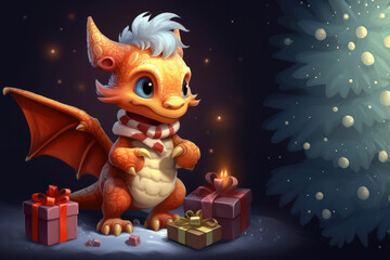 Illustration of baby dragon in a Christmas costume, Christmas tree and gifts with ribbons around