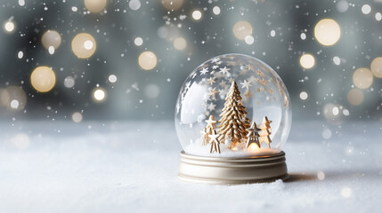 Fototapeta na wymiar Whimsical Christmas Holidays Snow Globe with Evergreen Trees and Snowfall on Silvery Blue and White Background with Twinkle Lights Background Effect - Xmas Decor Theme with Copy Space