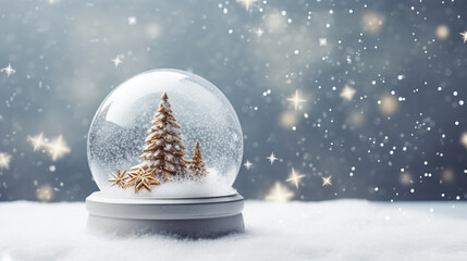 Whimsical Christmas Holidays Snow Globe with Evergreen Trees and Snowfall on Silvery Blue and White Background with Twinkle Lights Background Effect - Xmas Decor Theme with Copy Space