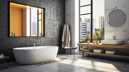 Interior of modern bathroom with concrete walls, tiled floor, comfortable white bathtub and round mirror above it.  
